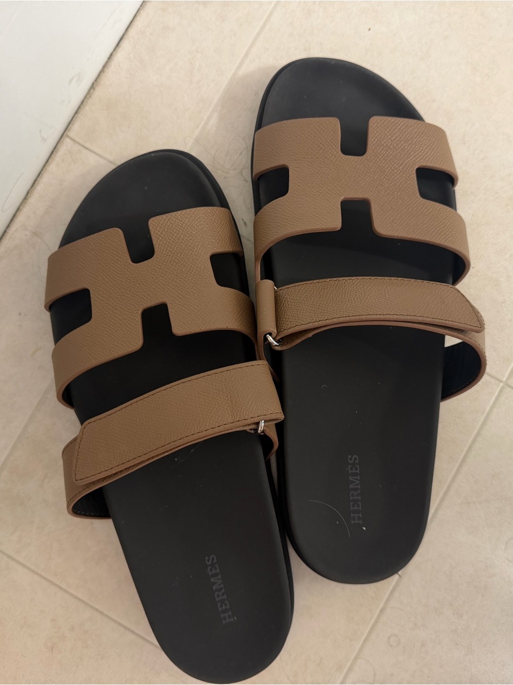 H Black Footbed Brown H-Strap Slide Sandals